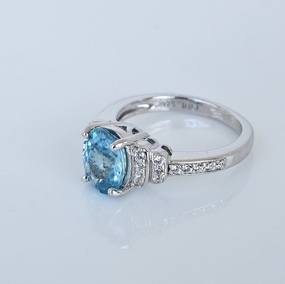 Genuine Cambodian Blue Zircon & White Zircon Ring Sterling Silver Size 6 - Picture 3 of 10